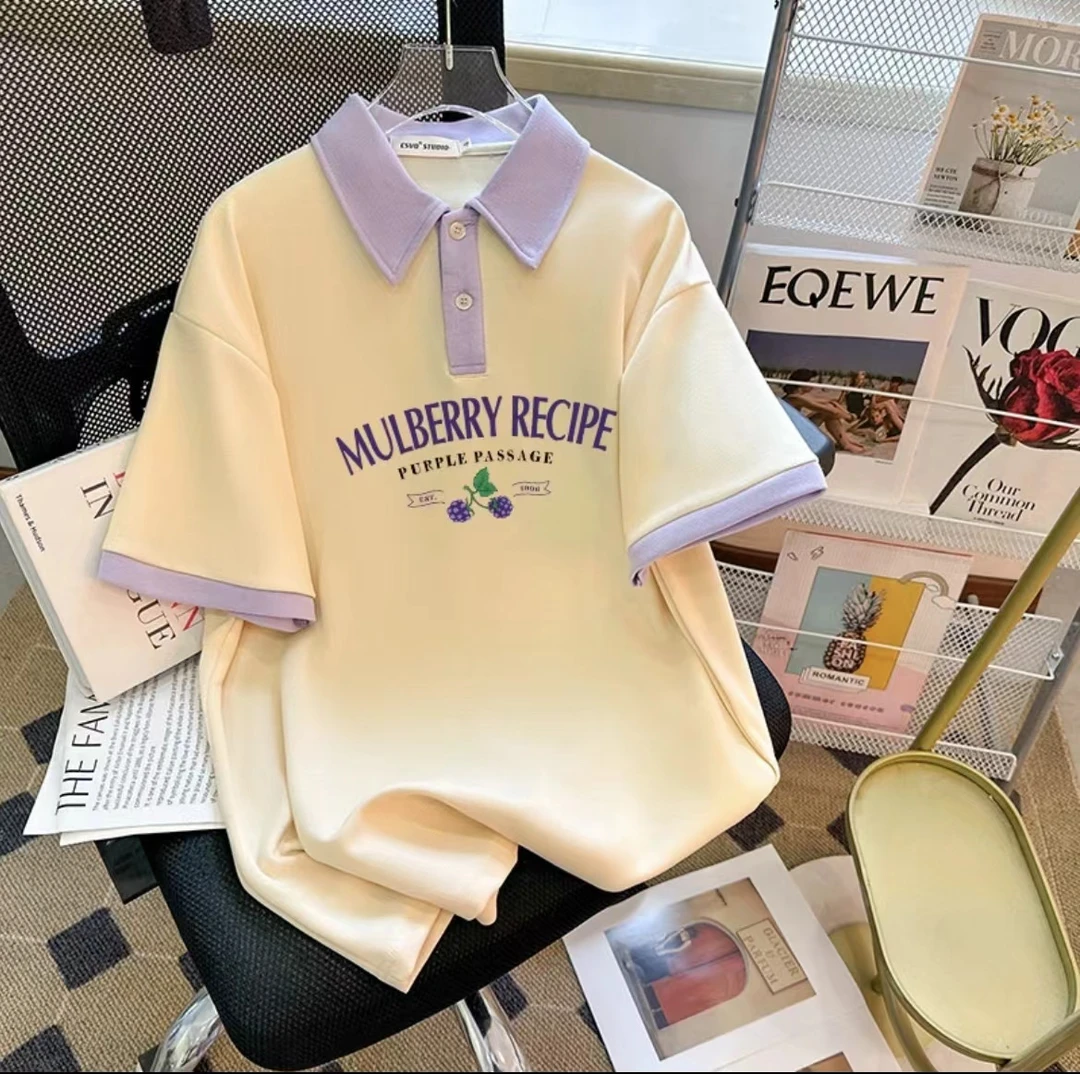 2024新款童装polo衫女童中大童夏季短袖时尚印花凉爽宽松上衣