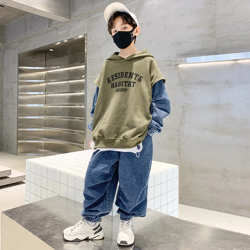 【刘刘妈家】亲子装中大童春秋牛仔袖假两件卫衣休闲洋气