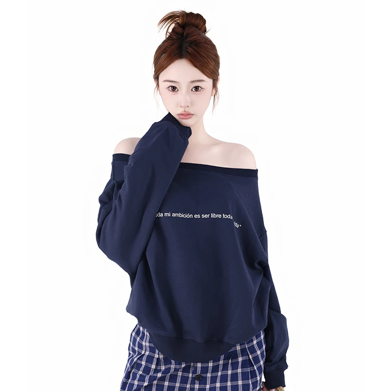 RNBN美式字母印花斜肩宽松卫衣女秋季复古休闲设计感一字肩上衣