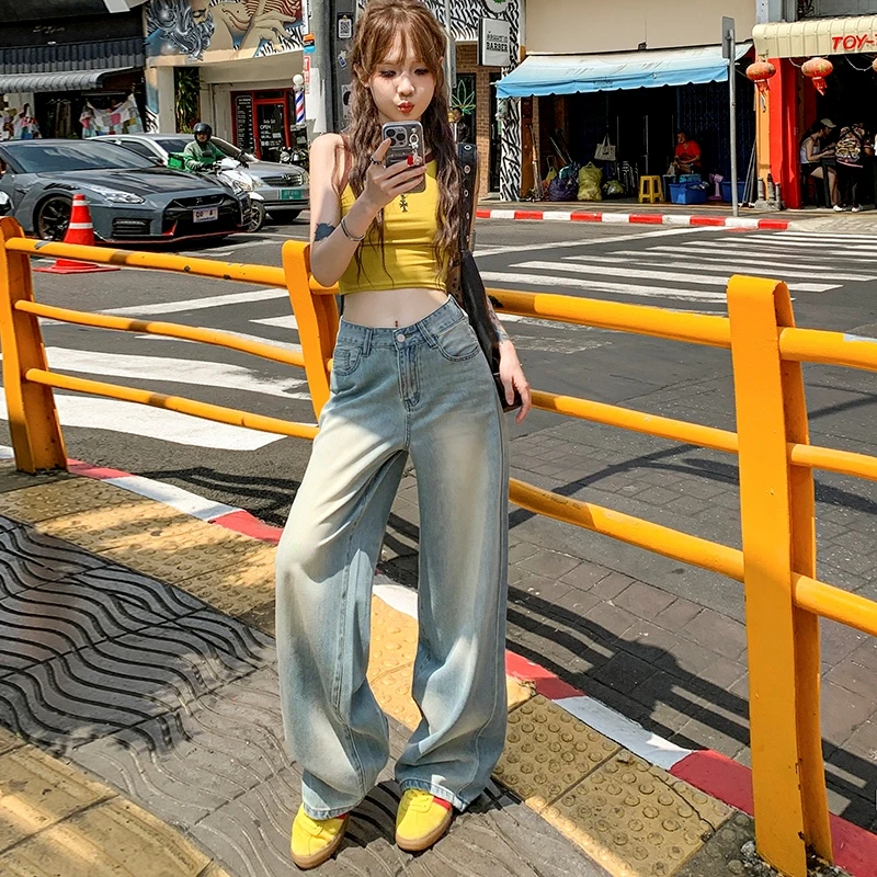 RNBN新款莱赛尔天丝复古宽松直筒牛仔裤水洗做旧百搭显瘦阔腿裤