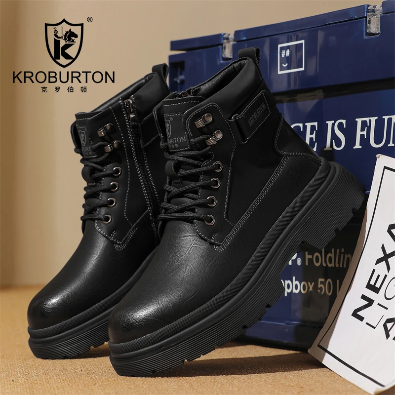 KROBURTON/克罗伯顿秋冬新款男鞋厚底真皮男士工装马丁靴男士棉鞋