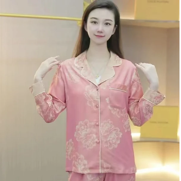 2024年秋夏季新款薄款阳离子透气翻领大码长袖女士睡衣家居服套装