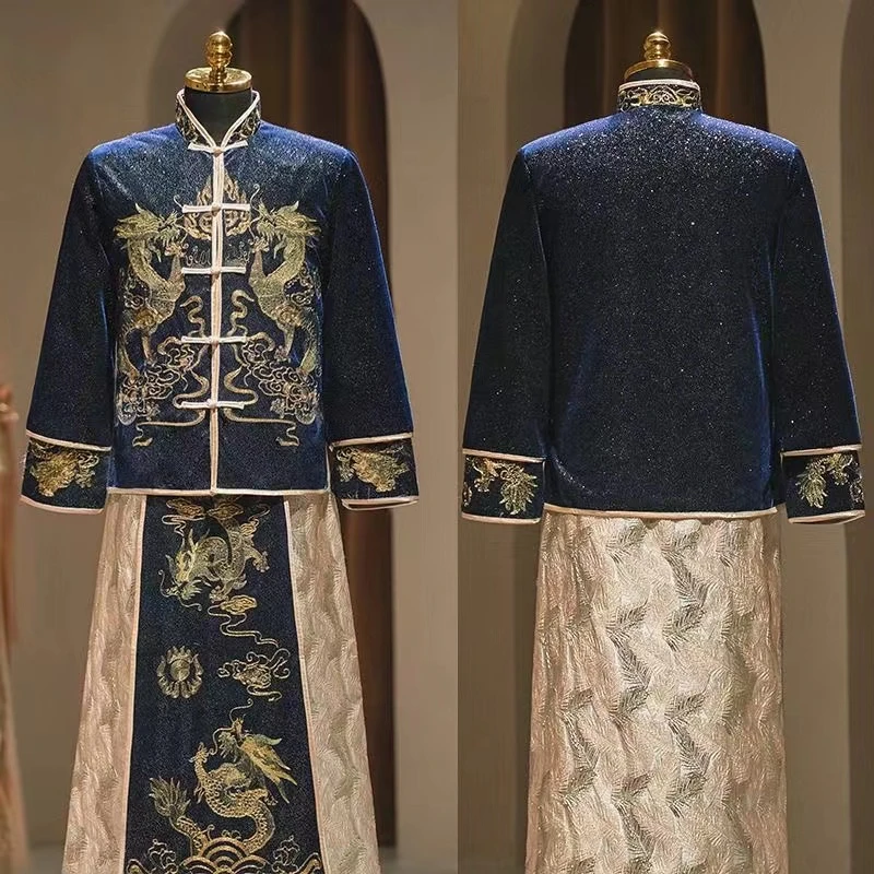 奢华秀禾服男士2024新款新郎结婚礼服蓝色大码唐装接亲婚服龙凤褂
