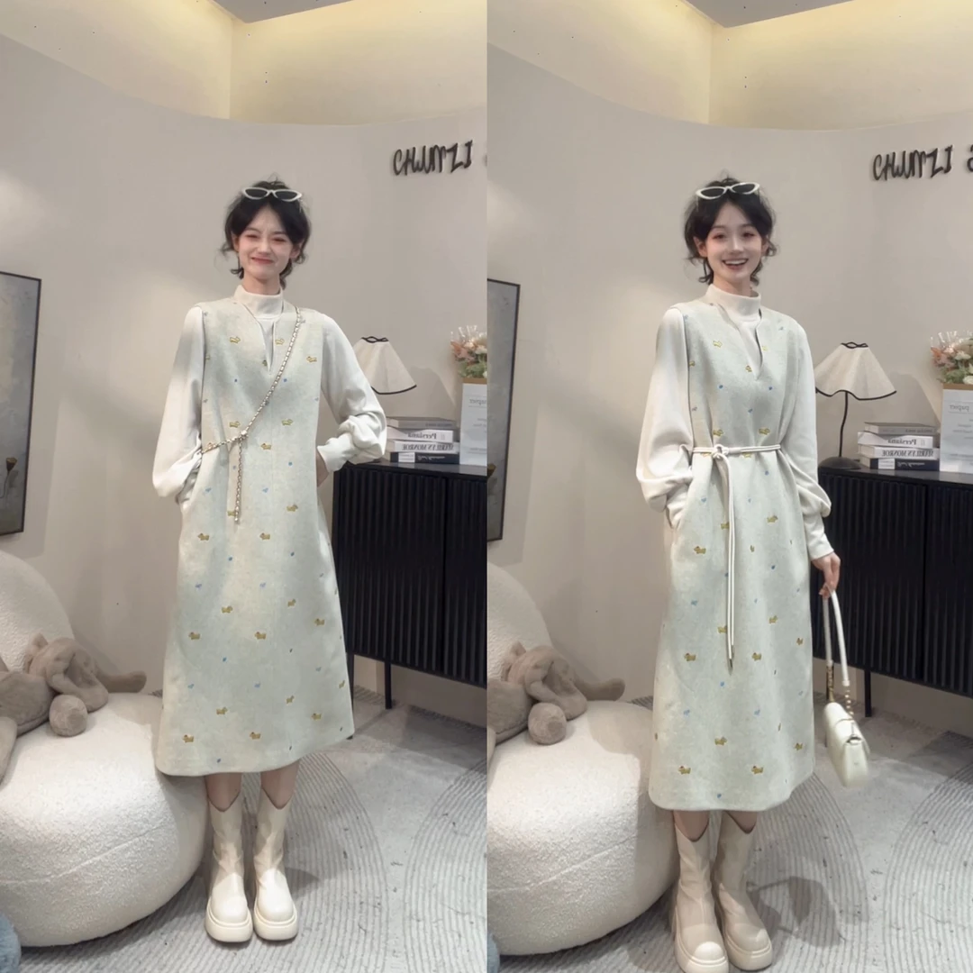 百搭呢子刺绣图背心裙送腰带【12736C】