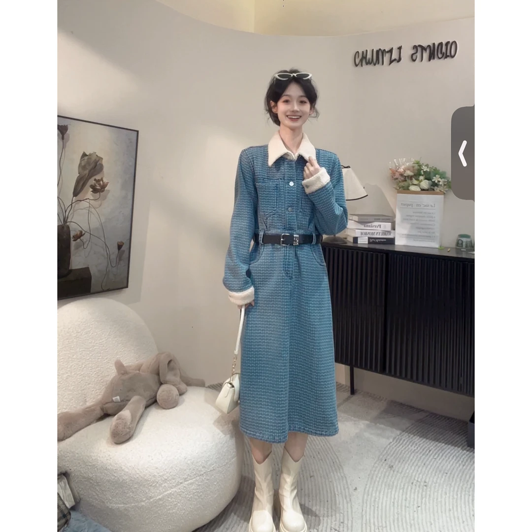 加绒提花牛仔连衣裙送腰带【9561】