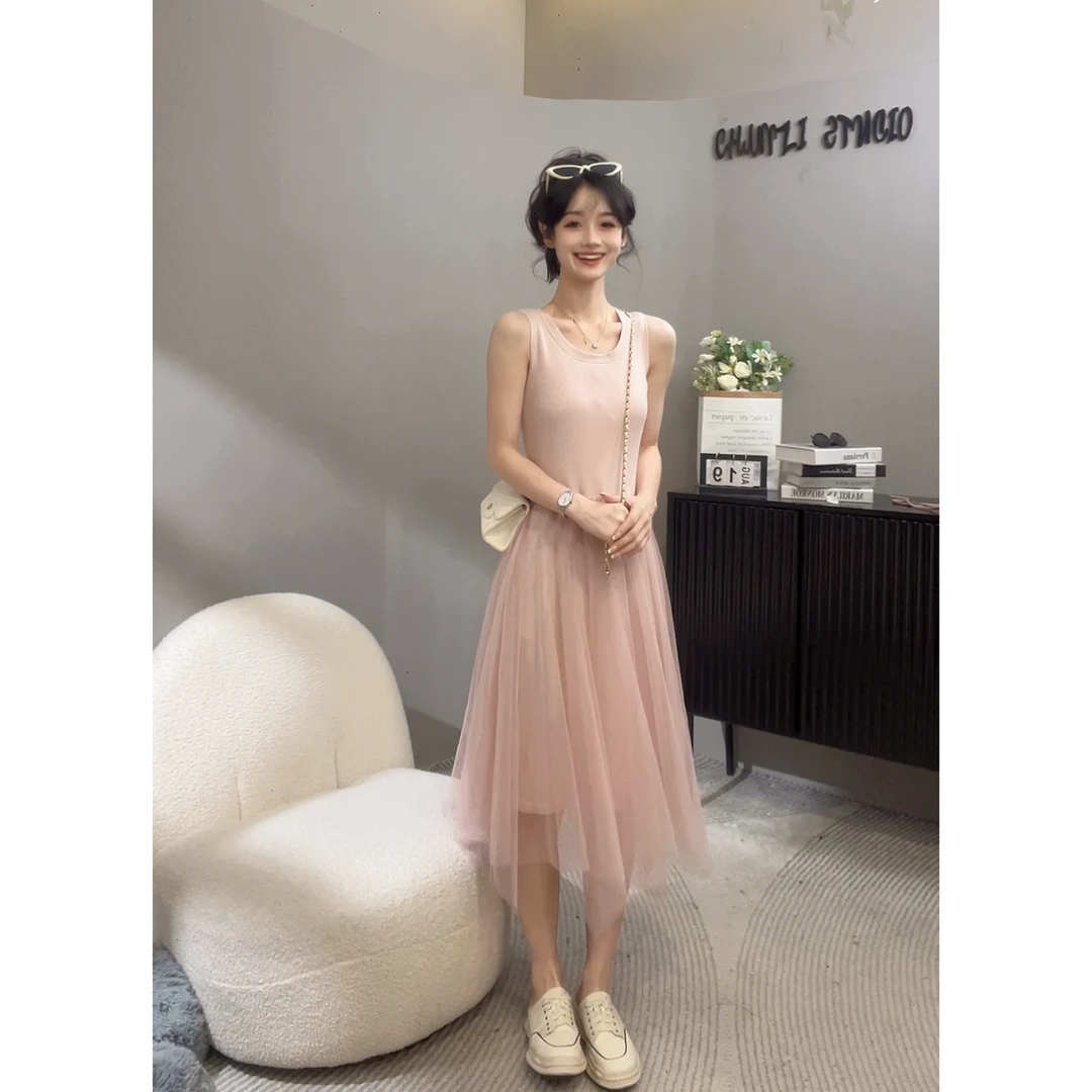 针织圆领百搭纱裙背心连衣裙【10946】