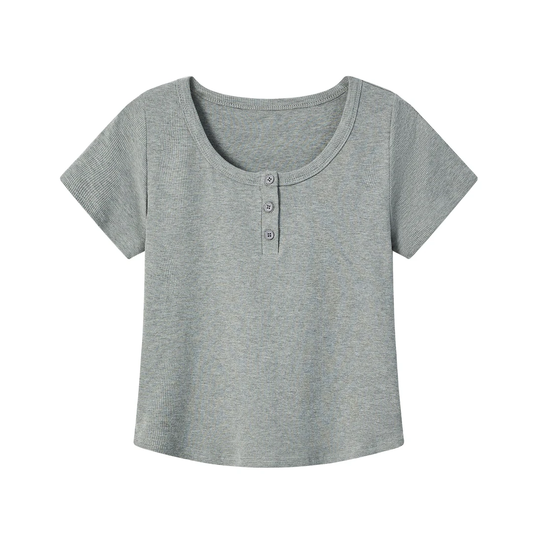『樊范儿』夏季新款显瘦时尚百搭短款修身纯色纽扣上衣T恤女-24214