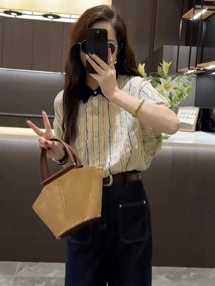 樊范儿2024夏季新款小清新ins港风条纹显瘦休闲小衫-24524