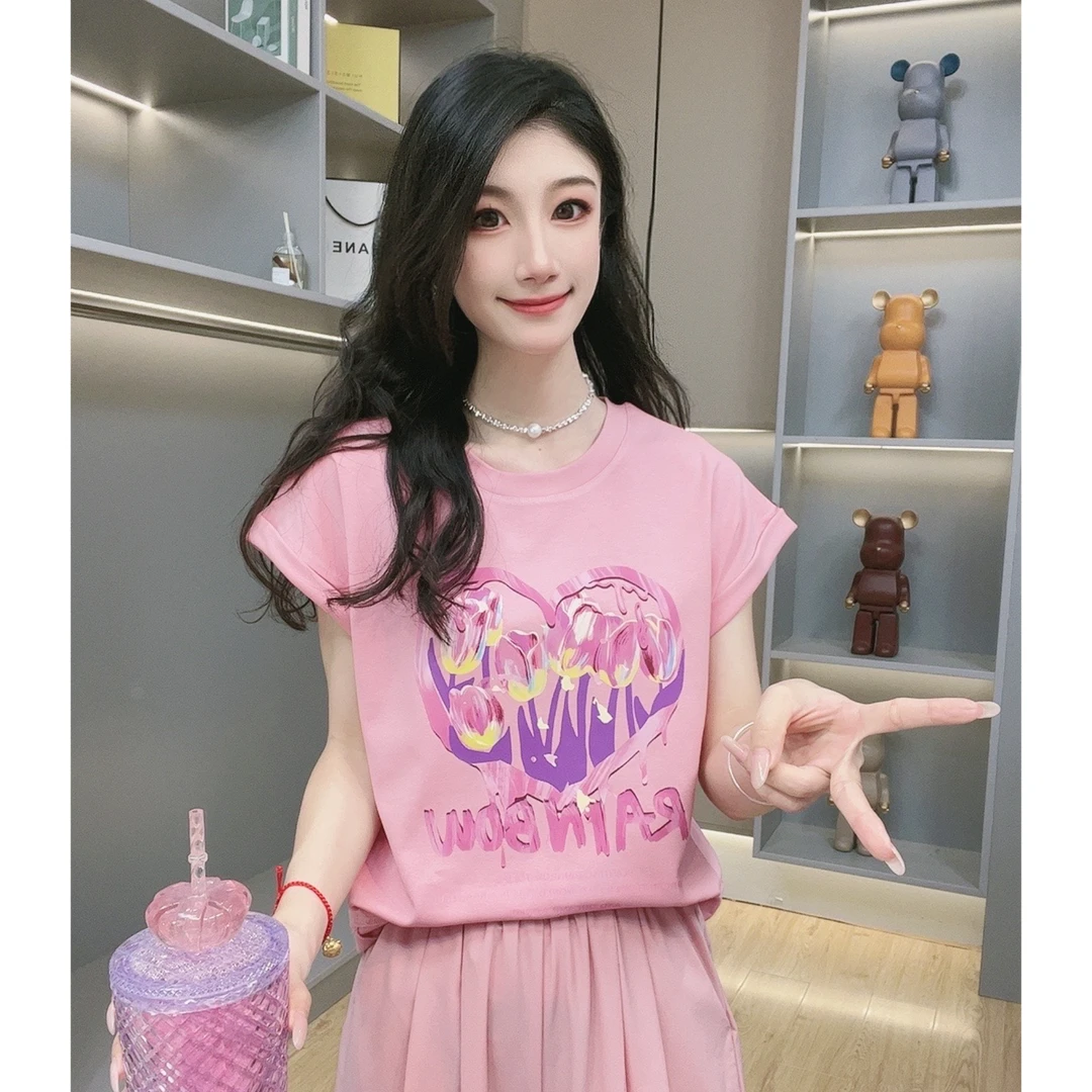 夏季新款设计感时尚简约百搭显瘦印花短袖T恤女飞飞袖上衣女装