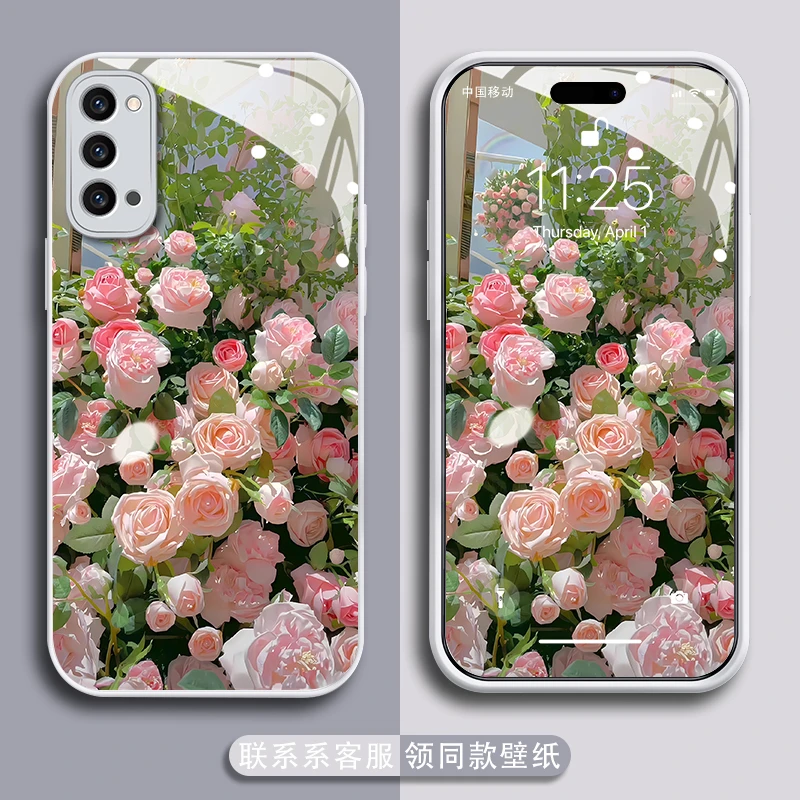 适用opporeno5手机壳满屏玫瑰防刮金漆玻璃壳镜头全包防摔保护套
