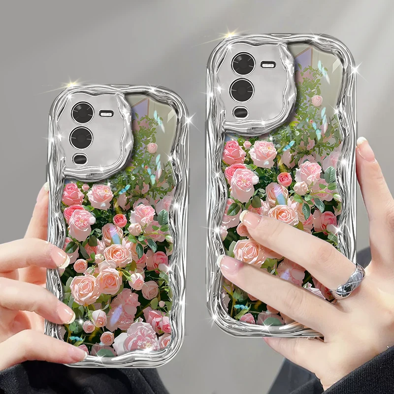适用vivos15pro手机壳电镀奶油纹玫瑰花丛软壳镜头全包防摔保护套