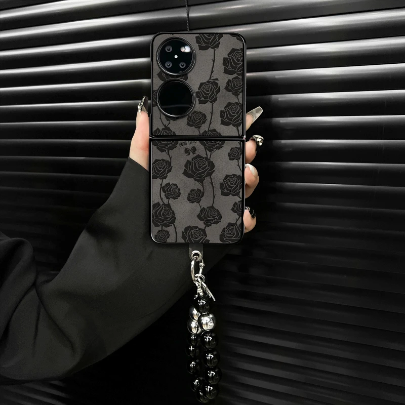 适用华为pocket2手机壳黑玫瑰翻毛皮折叠壳全包简约保护套