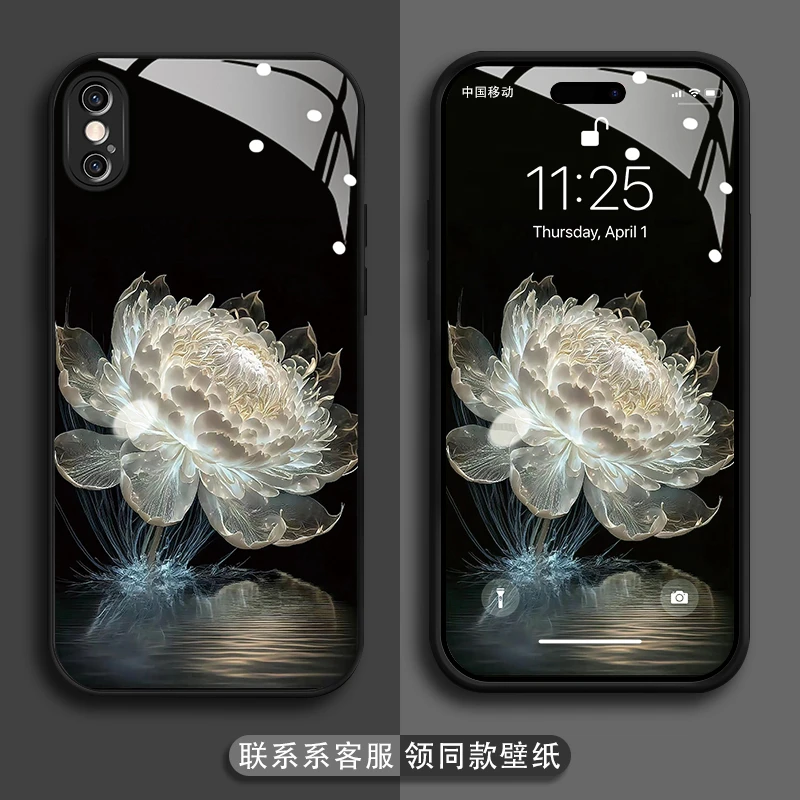 适用苹果xsmax手机壳昙花防刮金漆玻璃壳镜头全包防摔保护套
