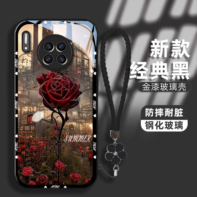 适用华为mate30pro手机壳玫瑰城金漆玻璃壳防刮全包防摔保护套