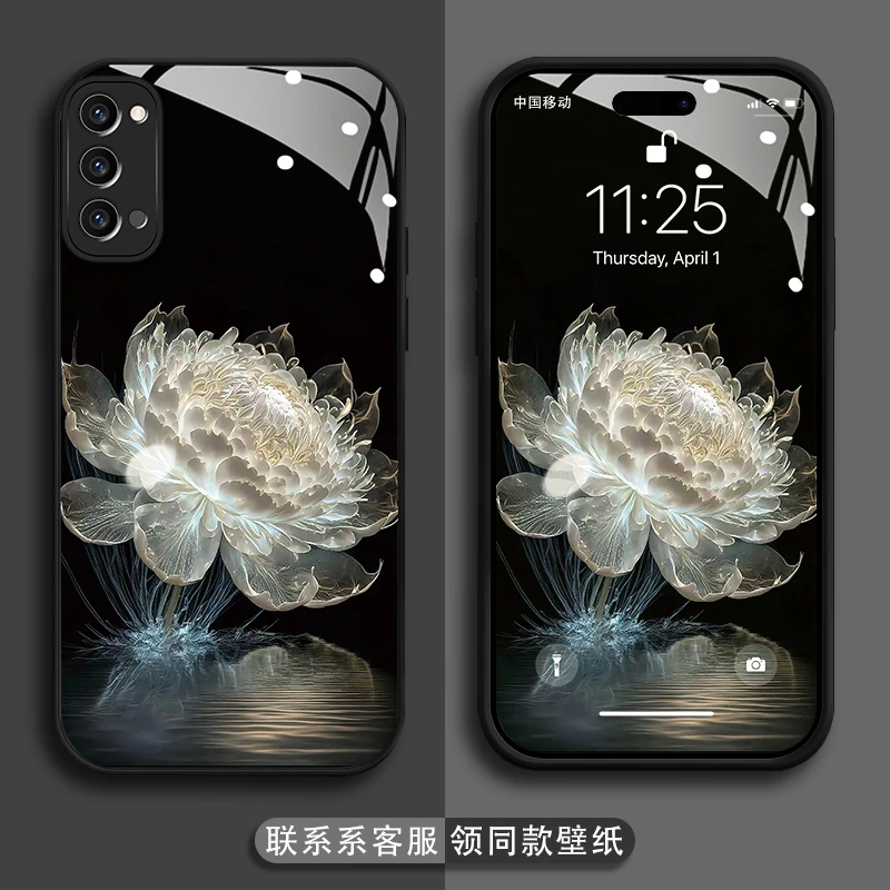 适用opporeno4pro手机壳昙花防刮金漆玻璃壳镜头全包防摔保护套