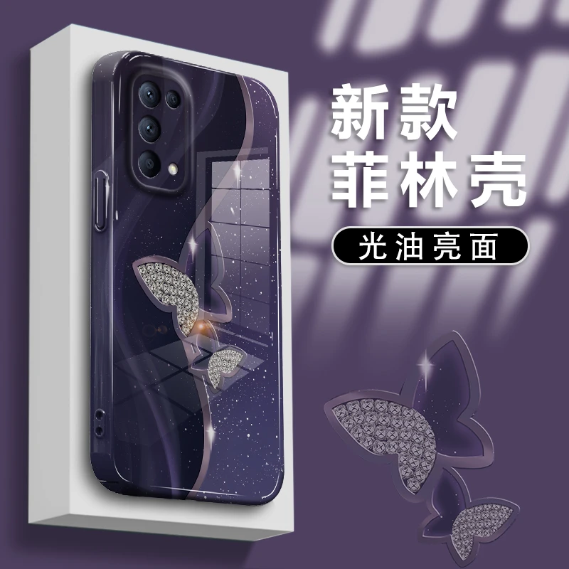 适用opporeno5手机壳星空蝴蝶菲林硬壳ins镜头全包防摔保护套
