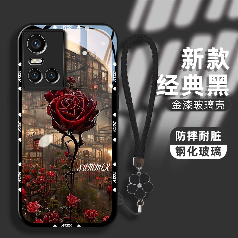 适用vivos10手机壳玫瑰城金漆玻璃壳防刮镜头全包防摔保护套