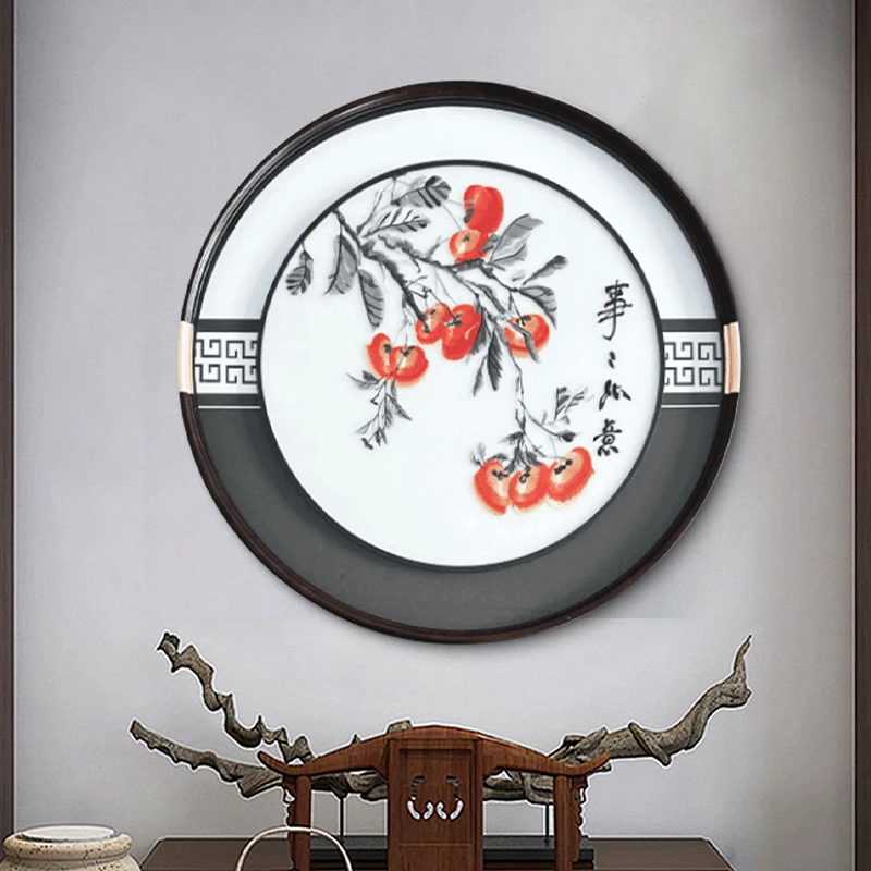 【银河】柿柿如意圆形装饰画新中式玄关画高端刺绣挂画餐厅饭厅8080
