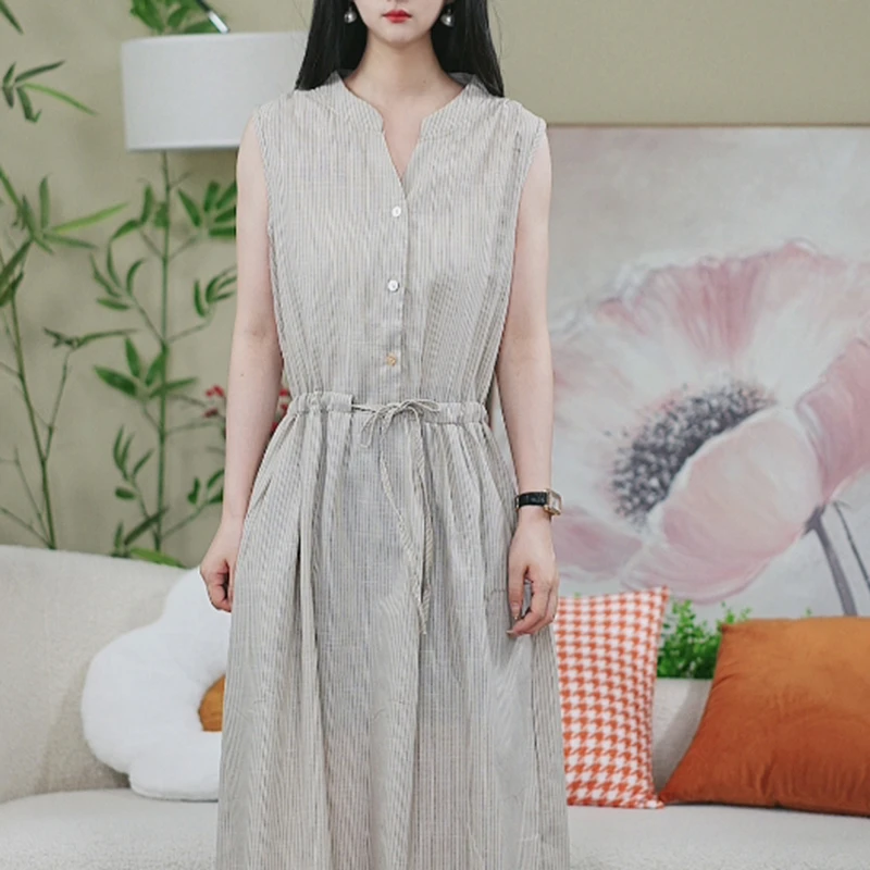 秋季新款时尚简约百搭纯色棉麻短袖连衣裙女宽松显瘦A字裙子988