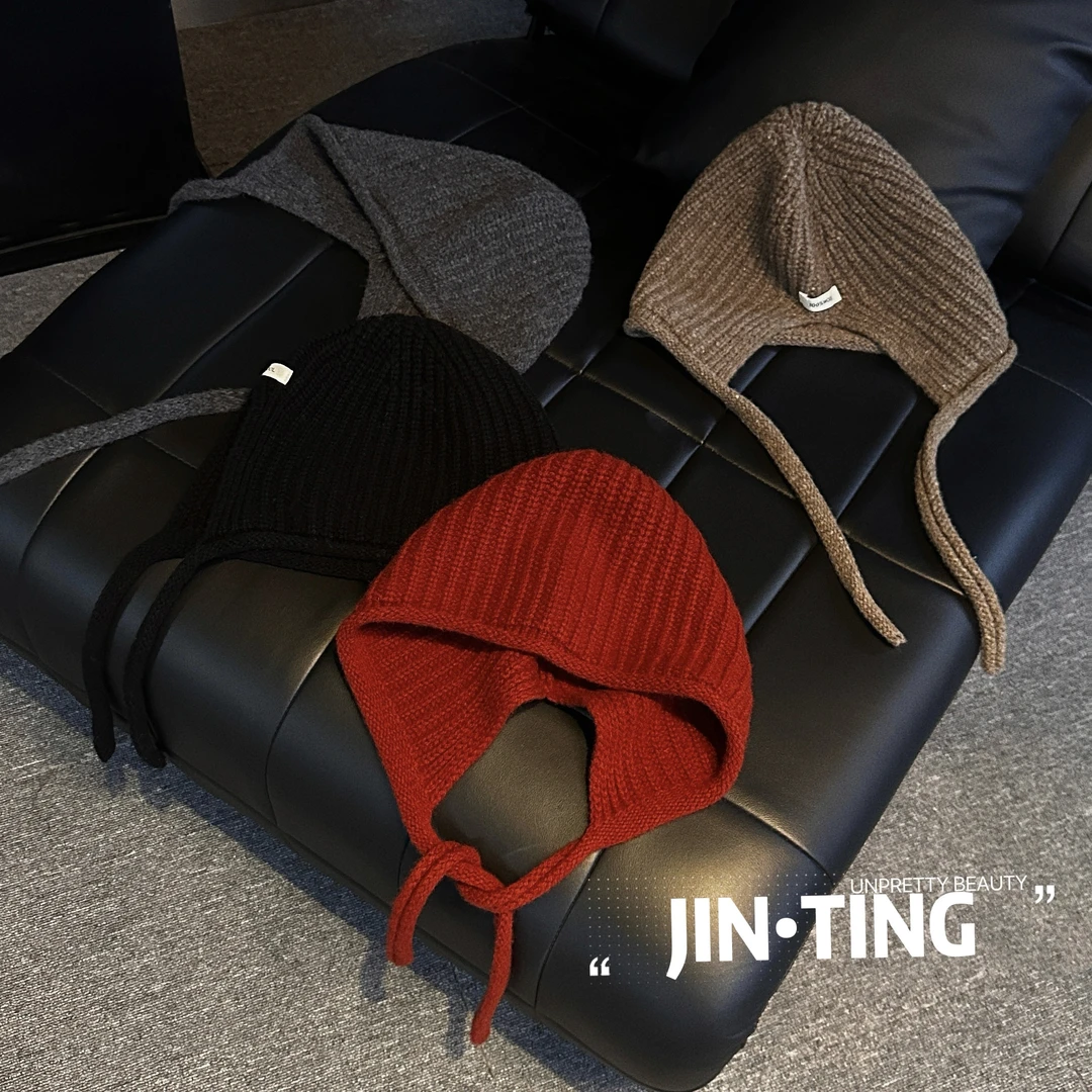 秋冬时髦设计感软糯舒服百搭保暖护耳可系带纯色包头帽-HT24m34z