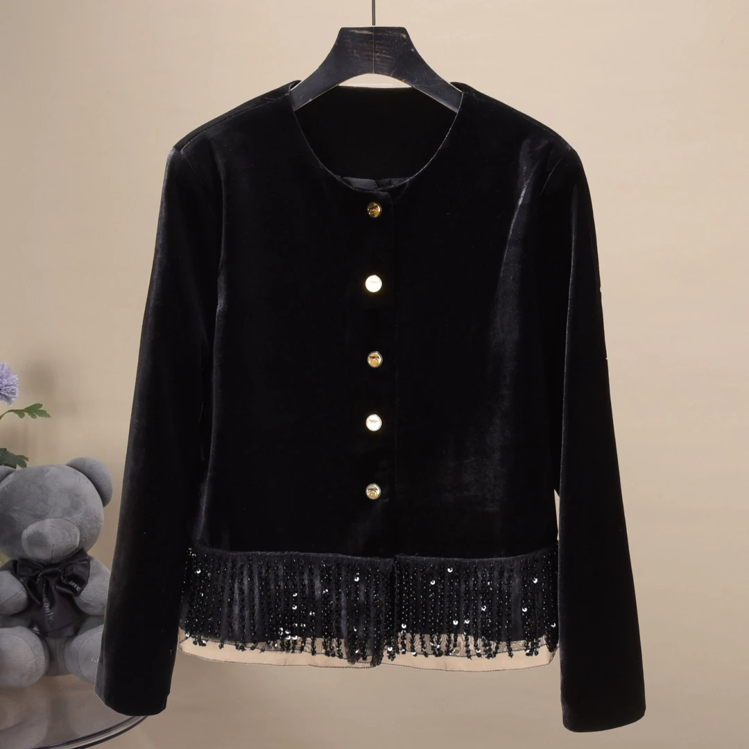 上衣气质长袖短款时尚黑色金丝女装洋气显瘦百搭圆领秋季拼接外套