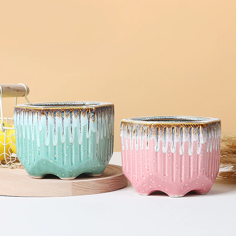 陶瓷多肉花盆创意大口径流釉方形植物盆组合透气粗陶绿植肉肉花盆