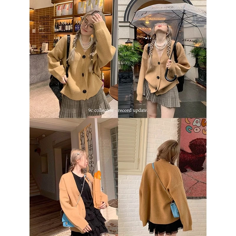 卡其色针织开衫女外套宽松慵懒风秋冬装毛衣复古驼色加厚上衣女装