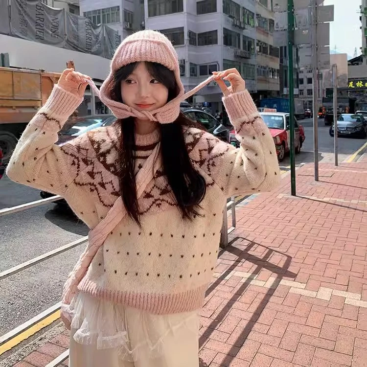 香软小蛋糕 费尔岛粉色圆领毛衣冬季甜美加厚百搭套头针织衫上衣