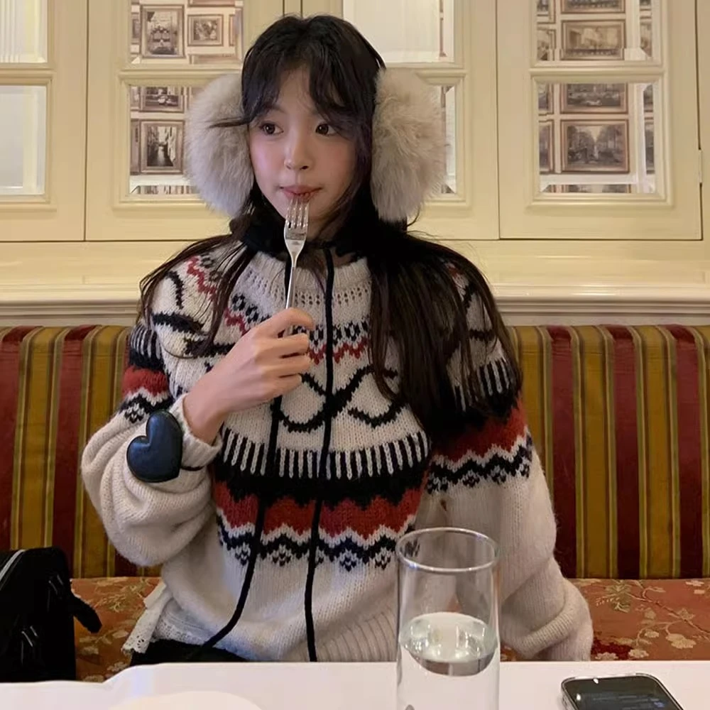 费尔岛复古洋气提花套头毛衣女2024秋冬圣女士费尔岛提花宽松圆领