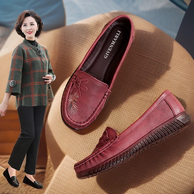 真皮妈妈鞋春秋防滑软底舒适单鞋豆豆中老年奶奶平底老年人皮鞋女