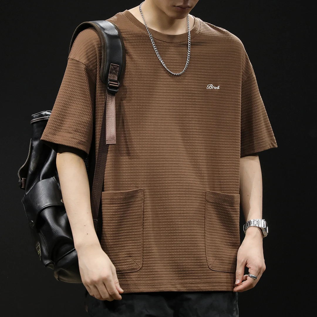 美式新款华夫格口袋短袖t恤男宽松大码夏季薄款