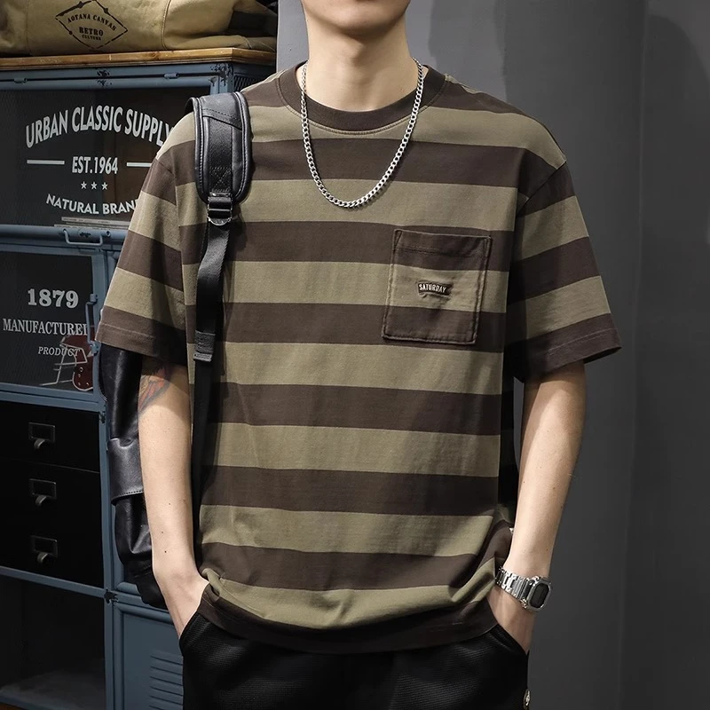 夏季260g重磅纯棉条纹短袖t恤男装宽松大码休闲