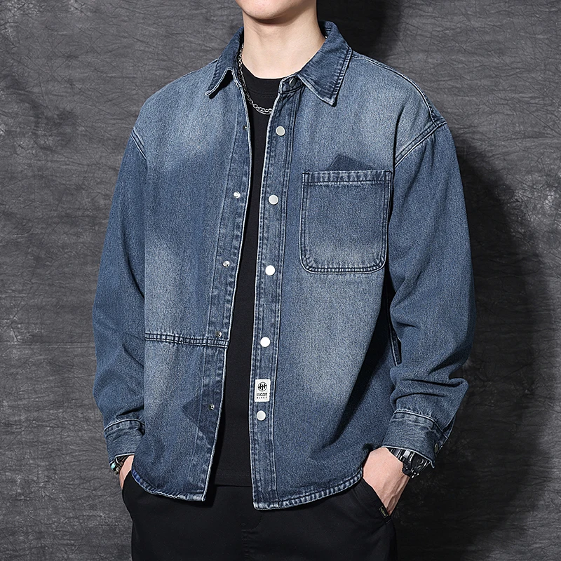 GTRT高端水洗磨白长袖牛仔衬衫男春秋款宽松翻领外套休闲衬衣大码