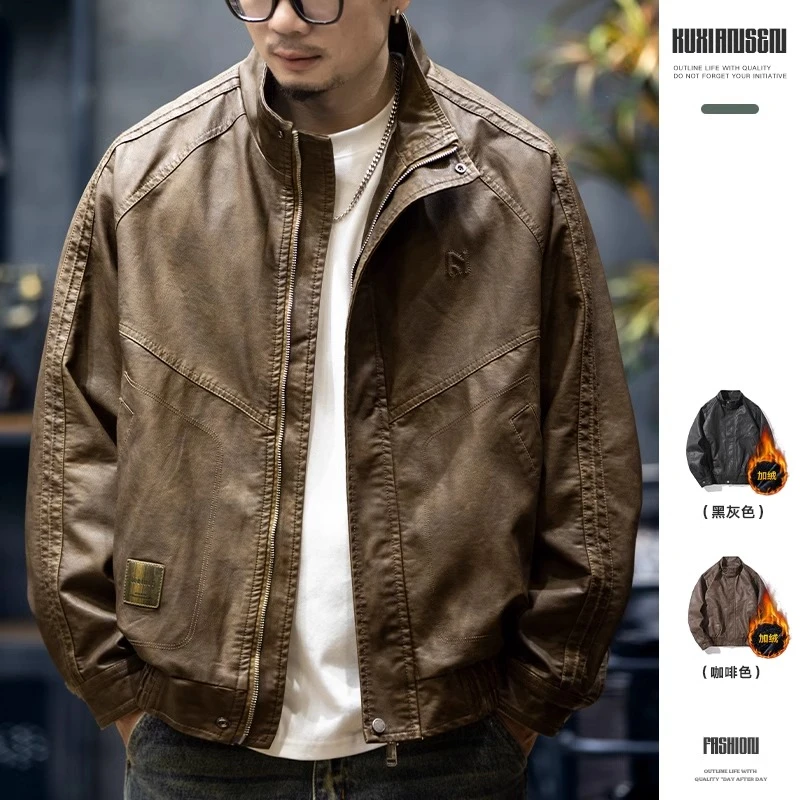 GTRT加绒皮衣美拉德复古机车风PU皮夹克男士秋冬款飞行员大码时尚