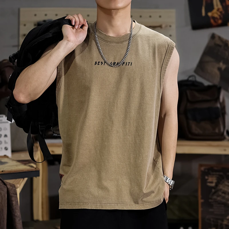 GTRT夏季新款潮流ins水洗印花纯棉背心男宽松无袖t恤百搭休闲健身