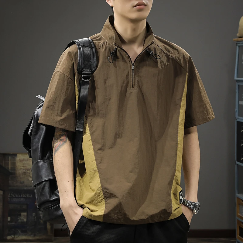 美式拉链翻领短袖t恤男潮牌宽松大码薄款冰丝