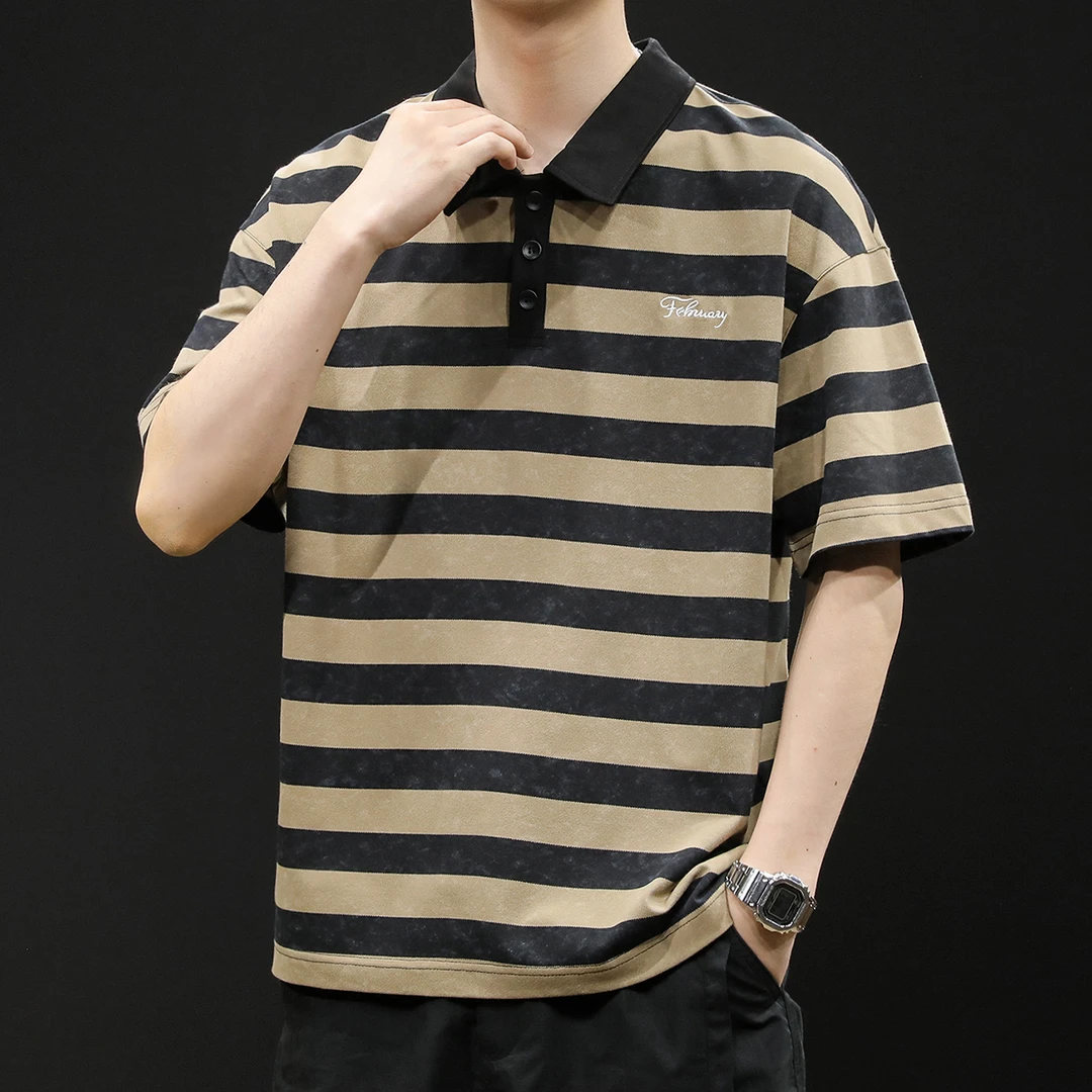 条纹polo衫男短袖t恤男士夏季宽松大码潮牌简约新款美