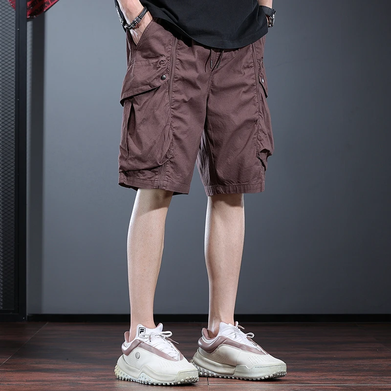 GTRT棕色休闲短裤男夏季潮牌工装五分裤多口袋宽松男士直筒百搭