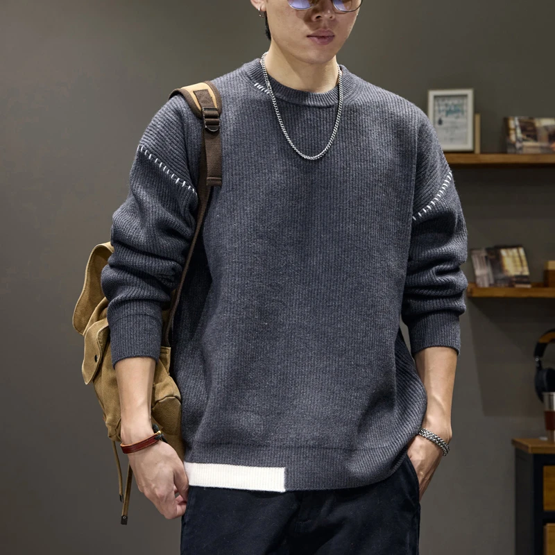 GTRT美式圆领毛衣男宽松慵懒风针织衫秋加厚保暖毛线时尚潮流简约