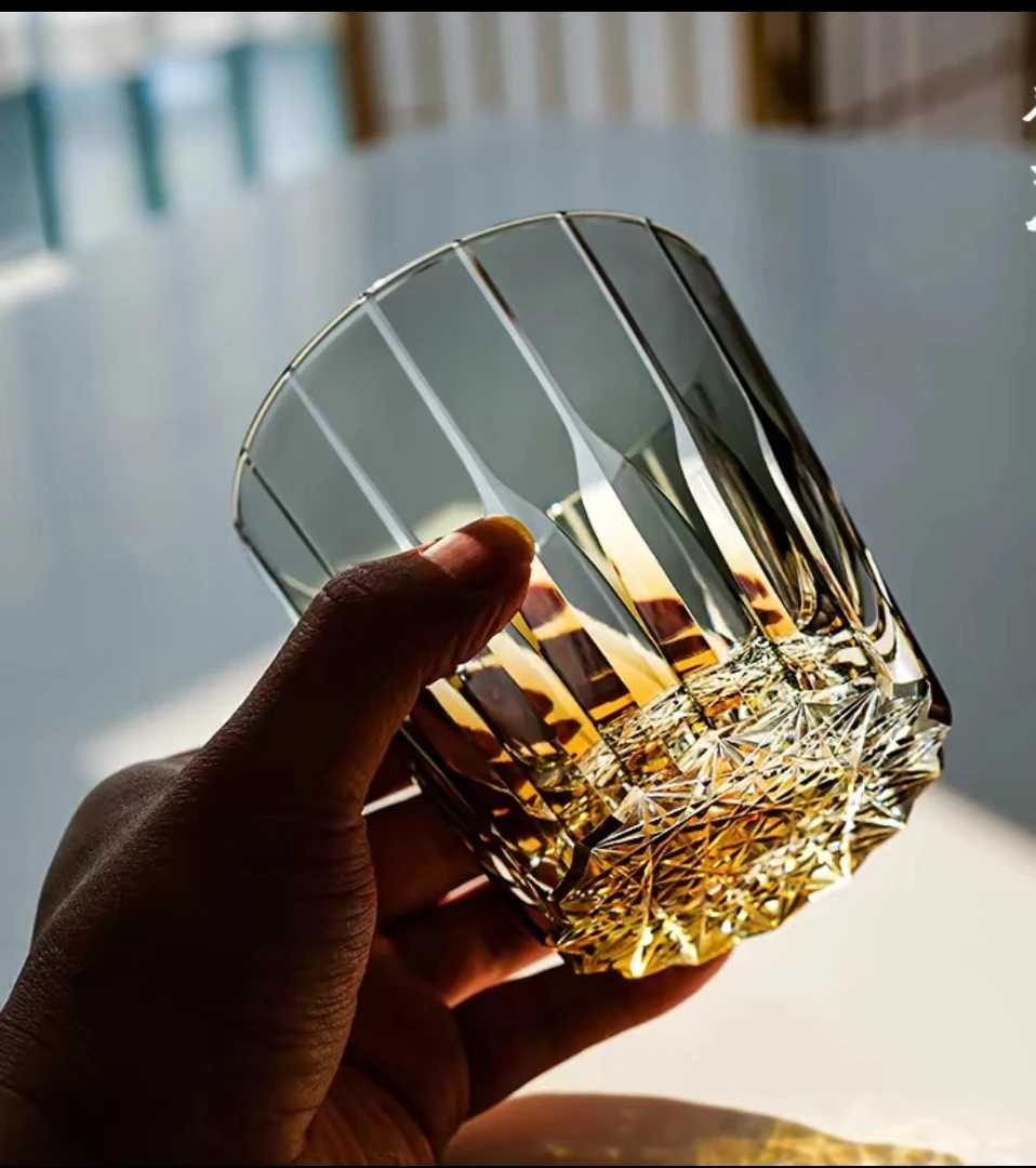 江户切子星芒大口径壹等品纯手工水晶杯蓝色创意威士忌杯啤酒杯