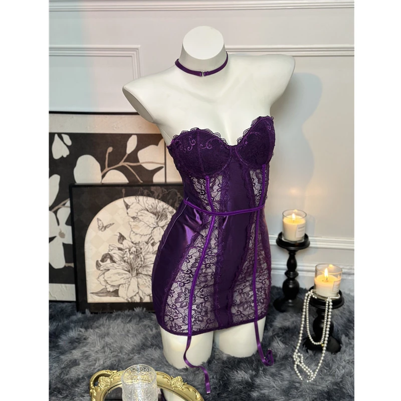 新款紫色抹胸蕾丝拼接缎质拍照辣妹氛围感包臀裙家居睡裙性感