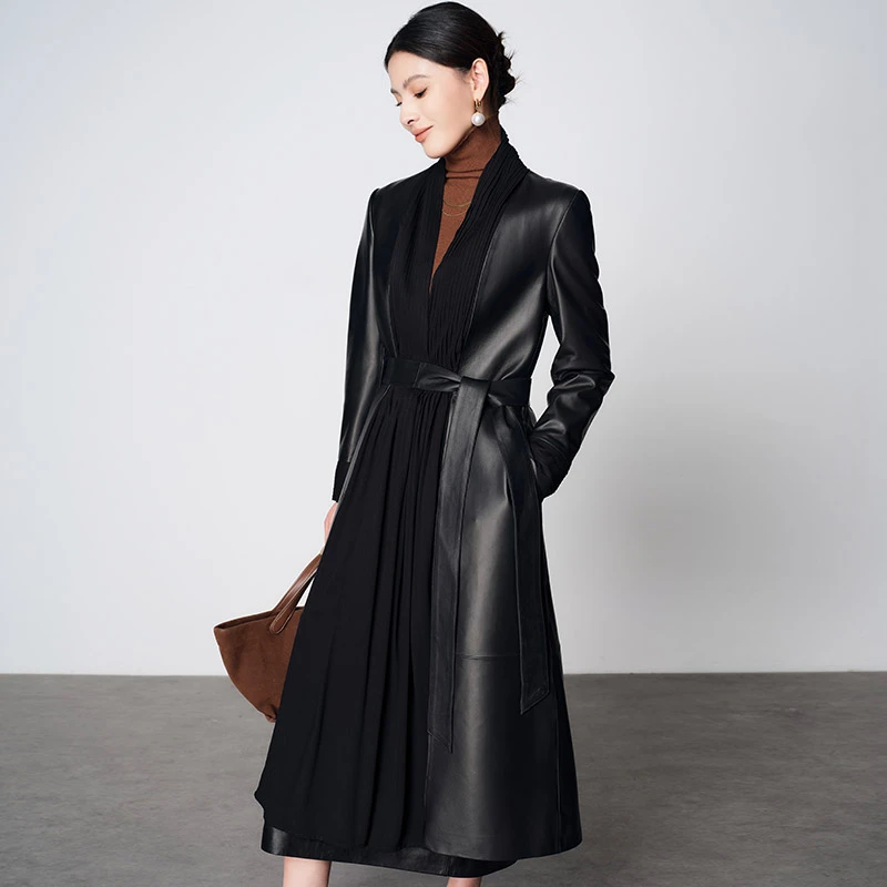 欧洲站春秋新款海宁真皮皮衣女中长款绵羊皮风衣显瘦单皮简约外套