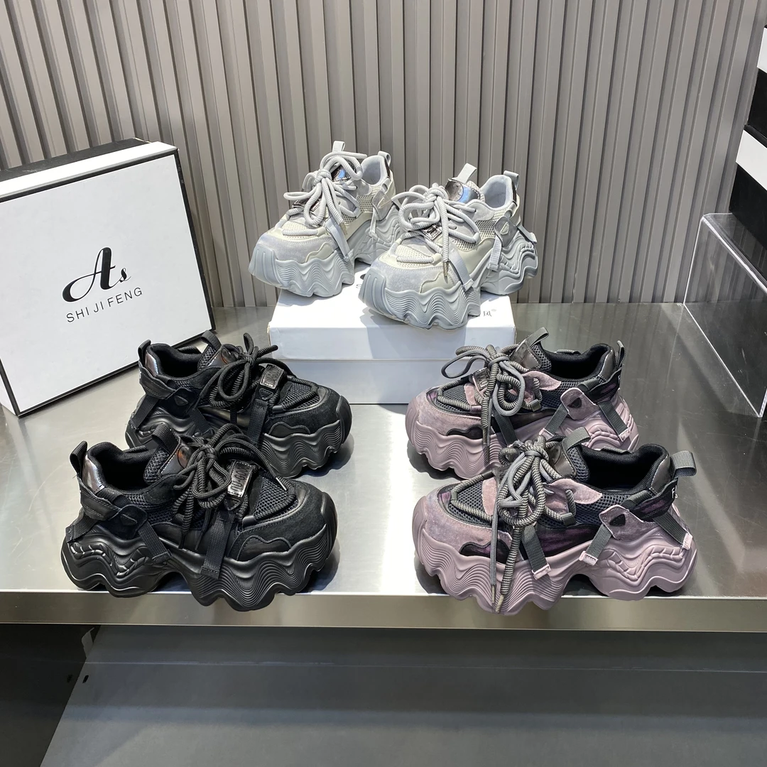 2024新款厚底时尚休闲猪皮拼接四季网老爹鞋底厚6公分增高洋气