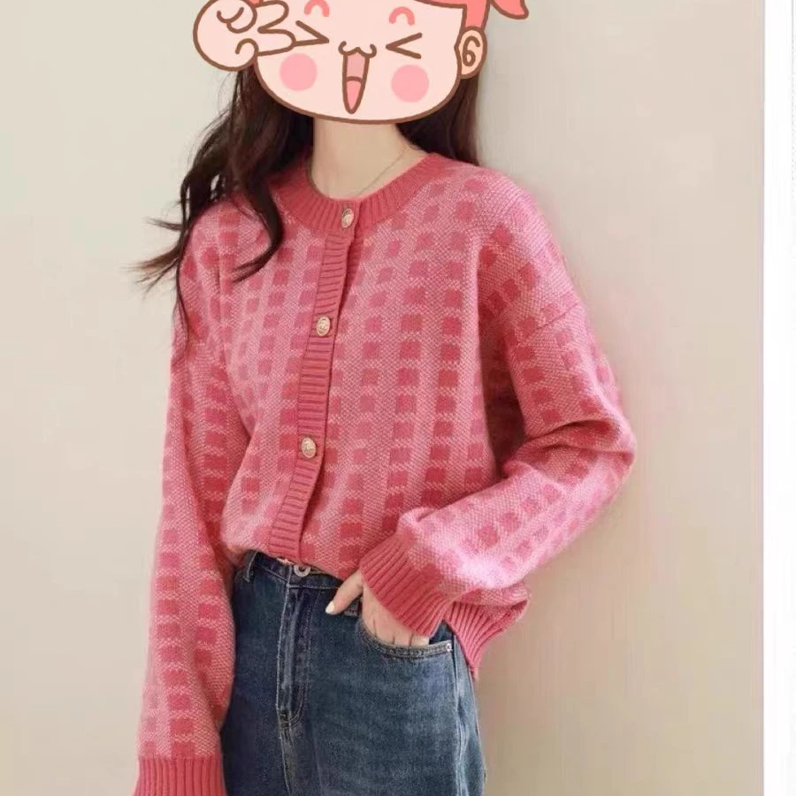 小香风粉色格子软糯毛衣女2025早秋新款韩系小众炸街高级感女装