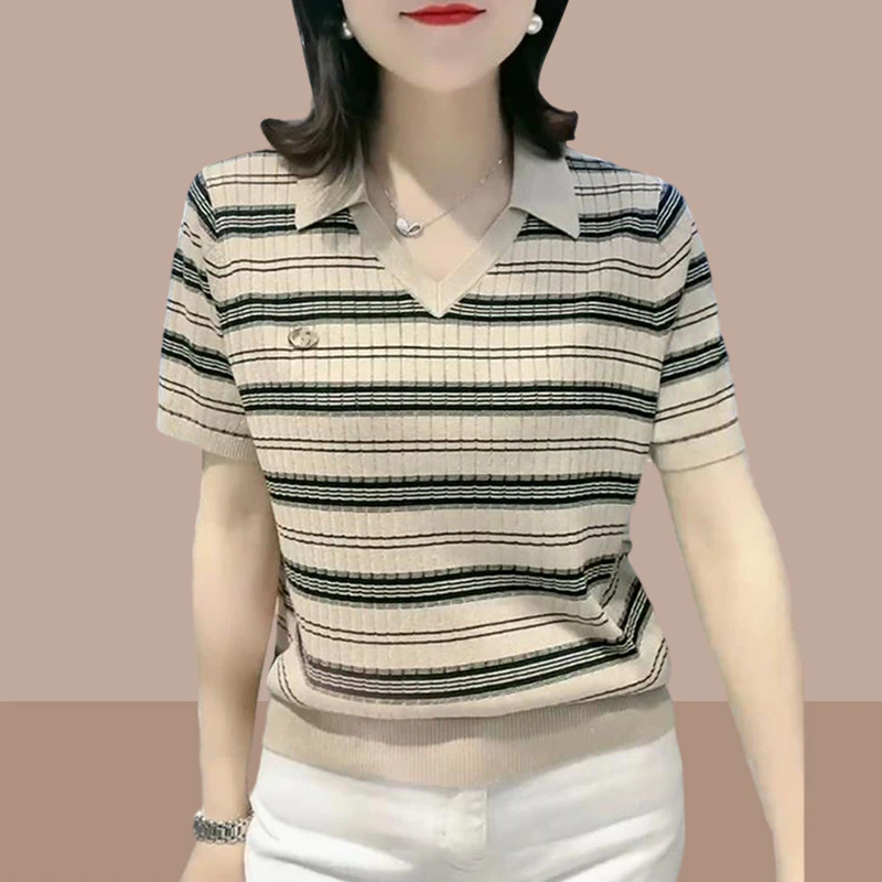 冰丝短袖T恤显瘦减龄遮肚上衣时尚休闲体恤夏装女式宽松针织衫女