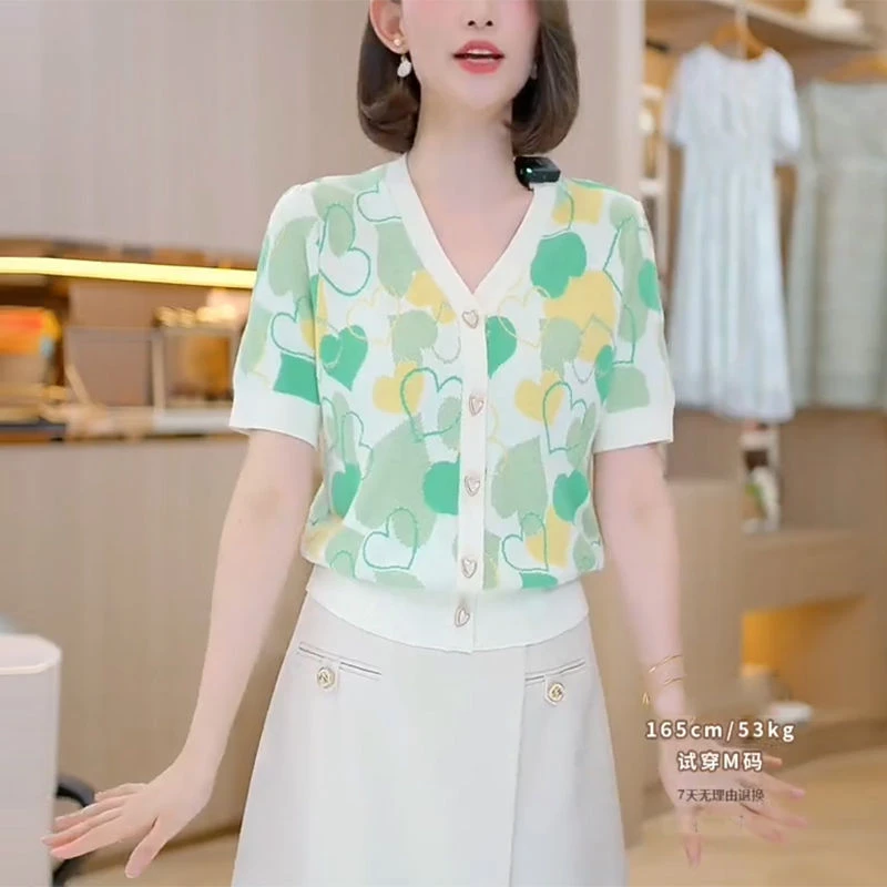 爱心提花冰丝针织衫夏季2024新款时髦洋气卡腰体恤气质v领上衣潮