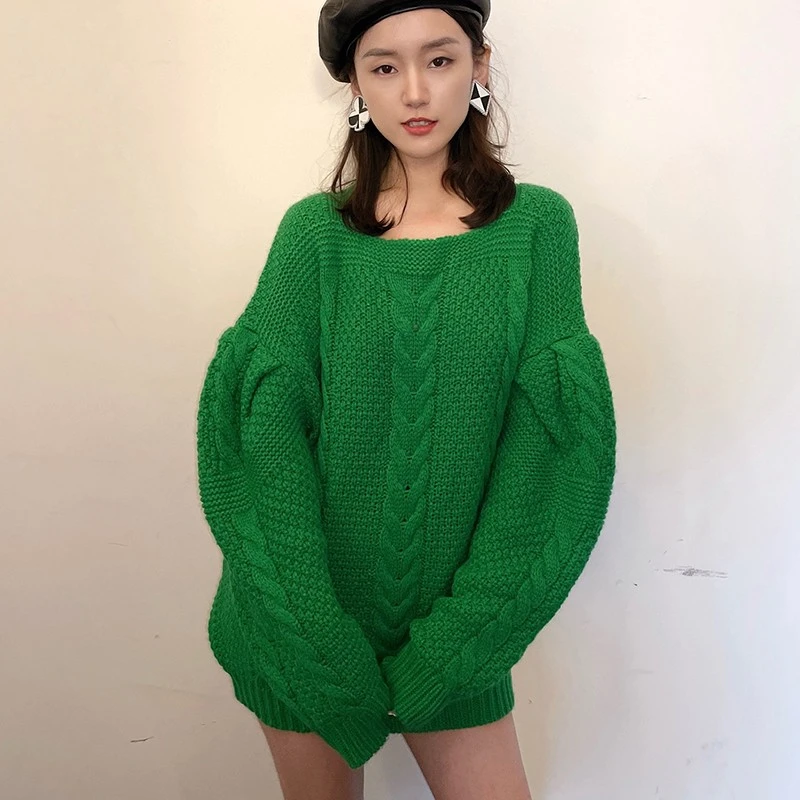 Sleep over sleep宽松落肩方领羊毛混纺长款毛衣 SOS07T003-GREEN