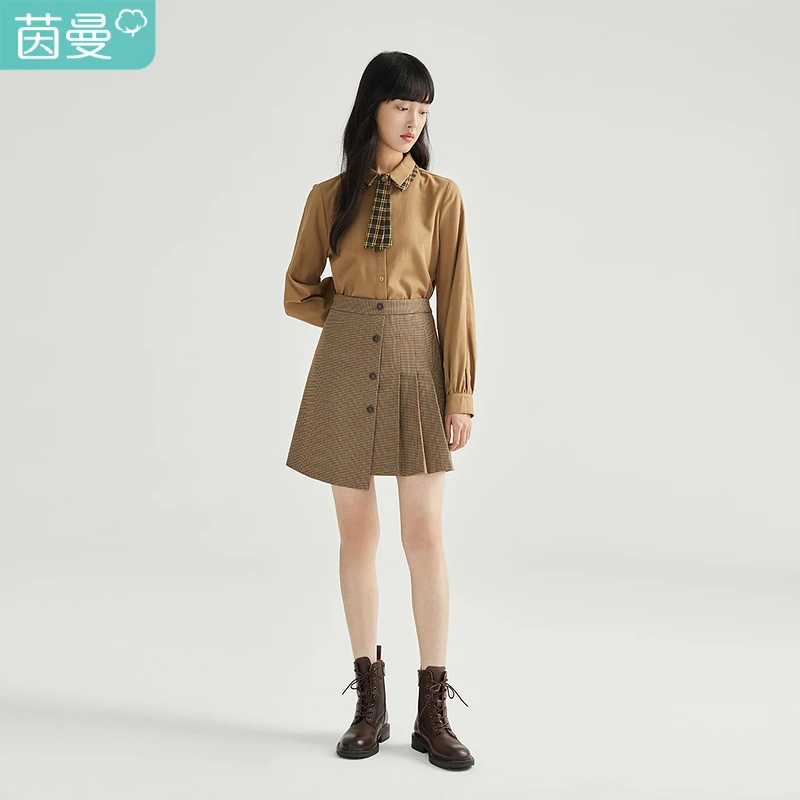 【苏敏专属】茵曼高腰显瘦格纹设计感半身中裙1813153半身裙百搭