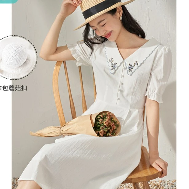 【商场同款】茵曼花边刺绣连衣裙女夏季花苞袖纯棉伞裙子18225979