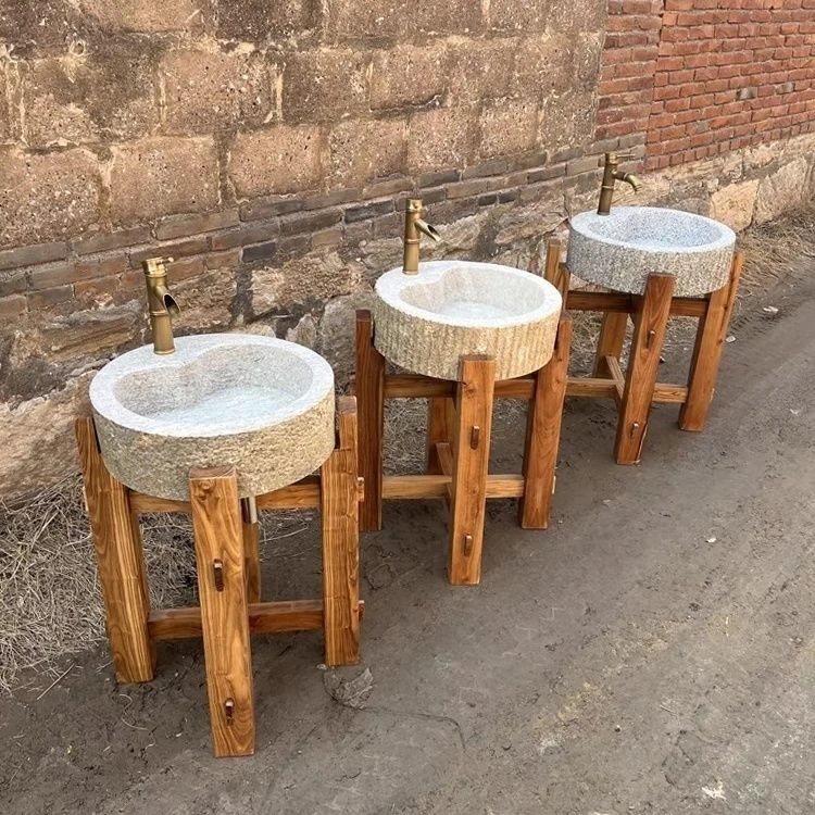 天然老石槽洗手盆庭院石头洗手池户外石盆水槽洗手台实木水池